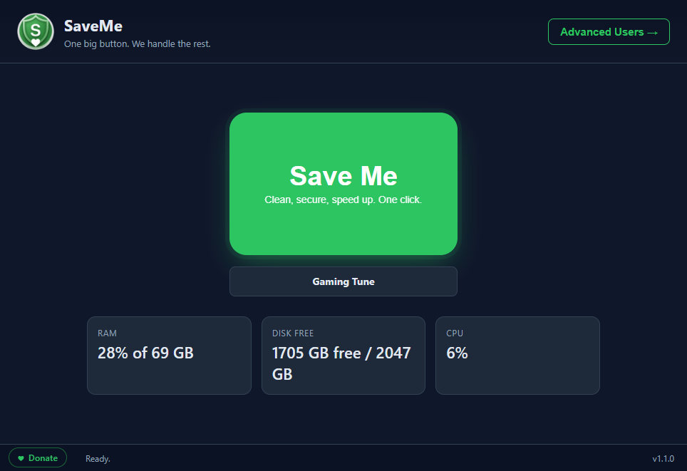SaveMe 1.1.0 showing the Save Me button, Gaming Tune, RAM, disk, and CPU status