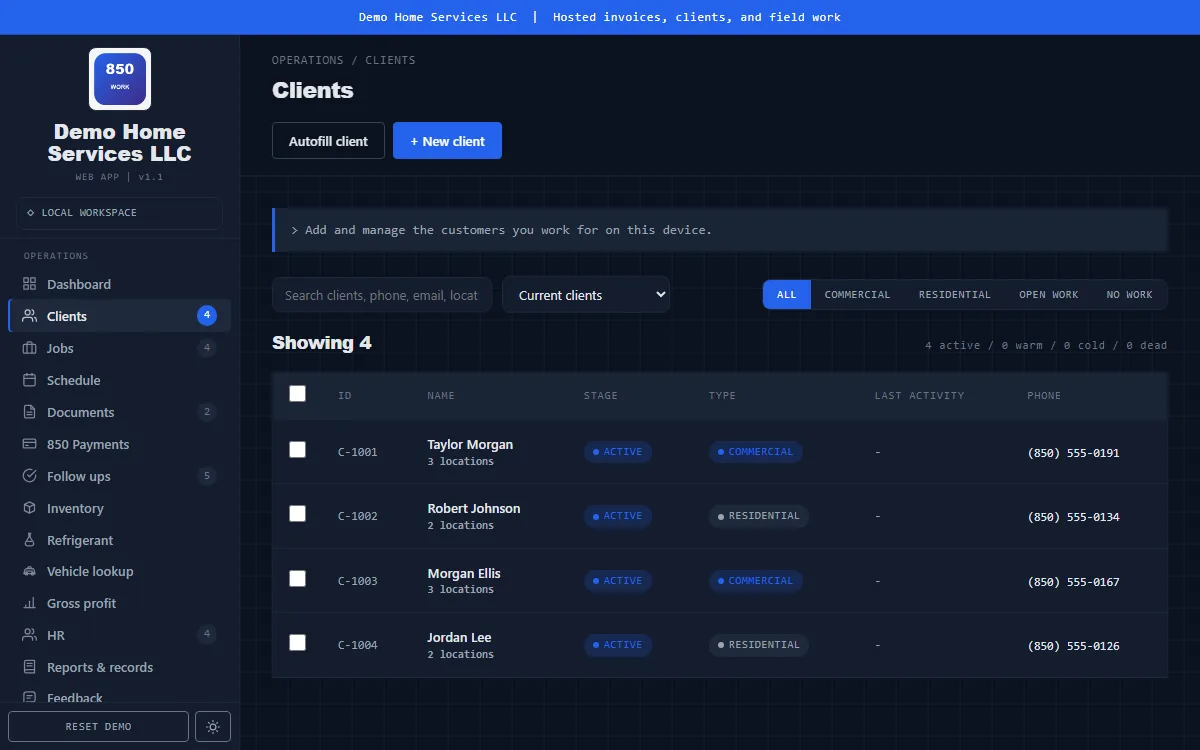 850 Work customer management screen showing searchable client records with demo data