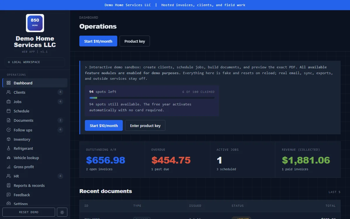 850 Work demo dashboard showing invoices, jobs, outstanding balances, and recent documents