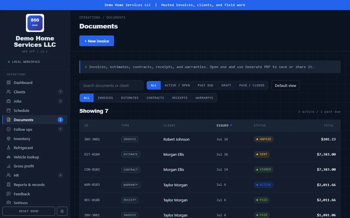 850 Work documents screen showing invoice and estimate filters with demo data