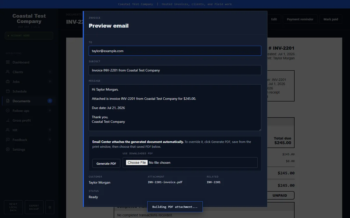 850 Work Email Center preview for an invoice PDF using demo customer data