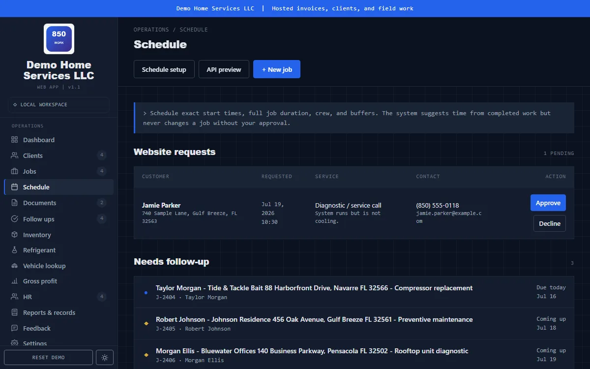 850 Work field service schedule with demo jobs, dates, and duration planning
