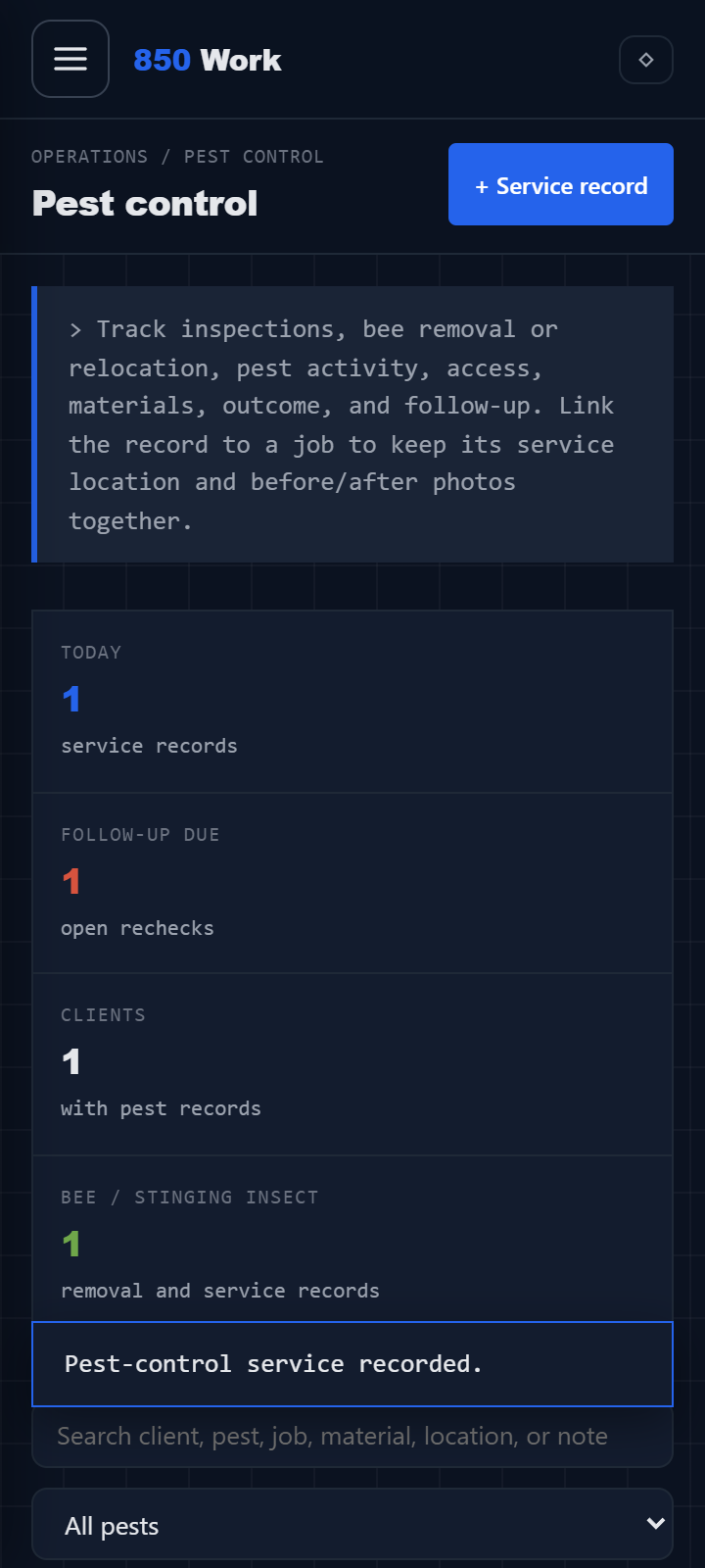 850 Work pest control mobile screen showing bee-removal service records and recheck status