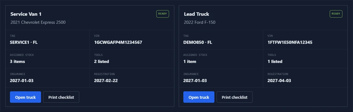 850 Work truck inventory with fictional vehicles, stock assignments, and print checklist controls