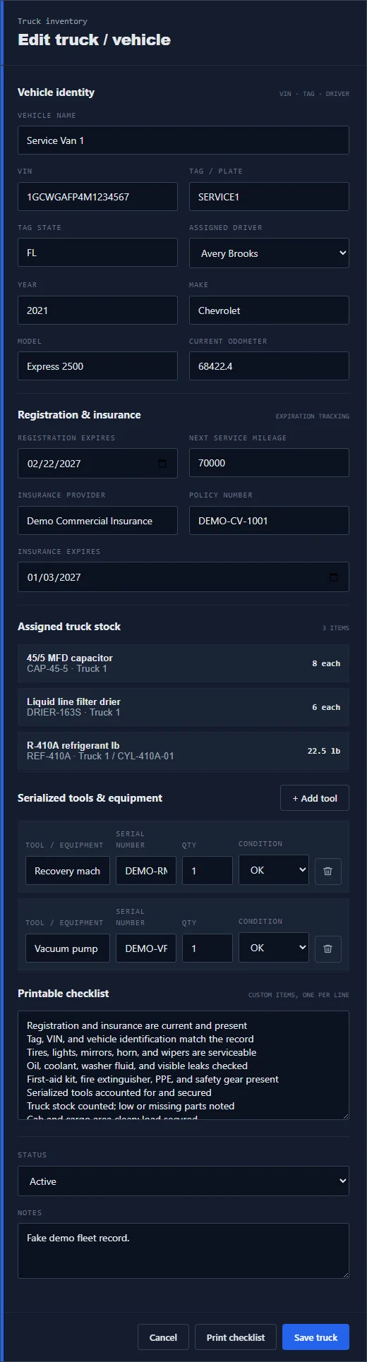 850 Work truck record form showing vehicle identity, registration, insurance, assigned stock, and tool controls