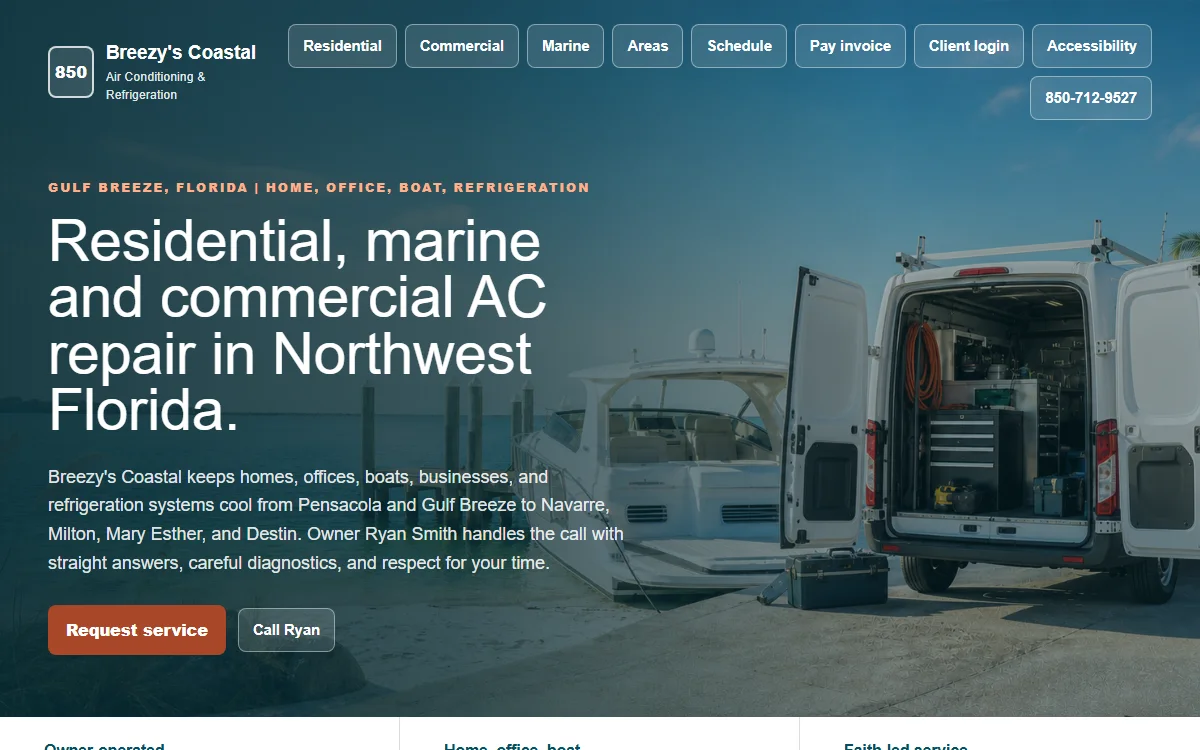 Breezy's Coastal Air Conditioning and Refrigeration website managed with 850 Work, showing service navigation and a Northwest Florida AC repair page
