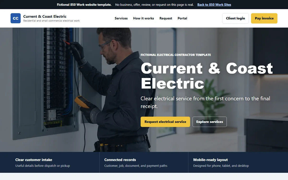 Current and Coast Electric fictional website template with an electrician inspecting a service panel