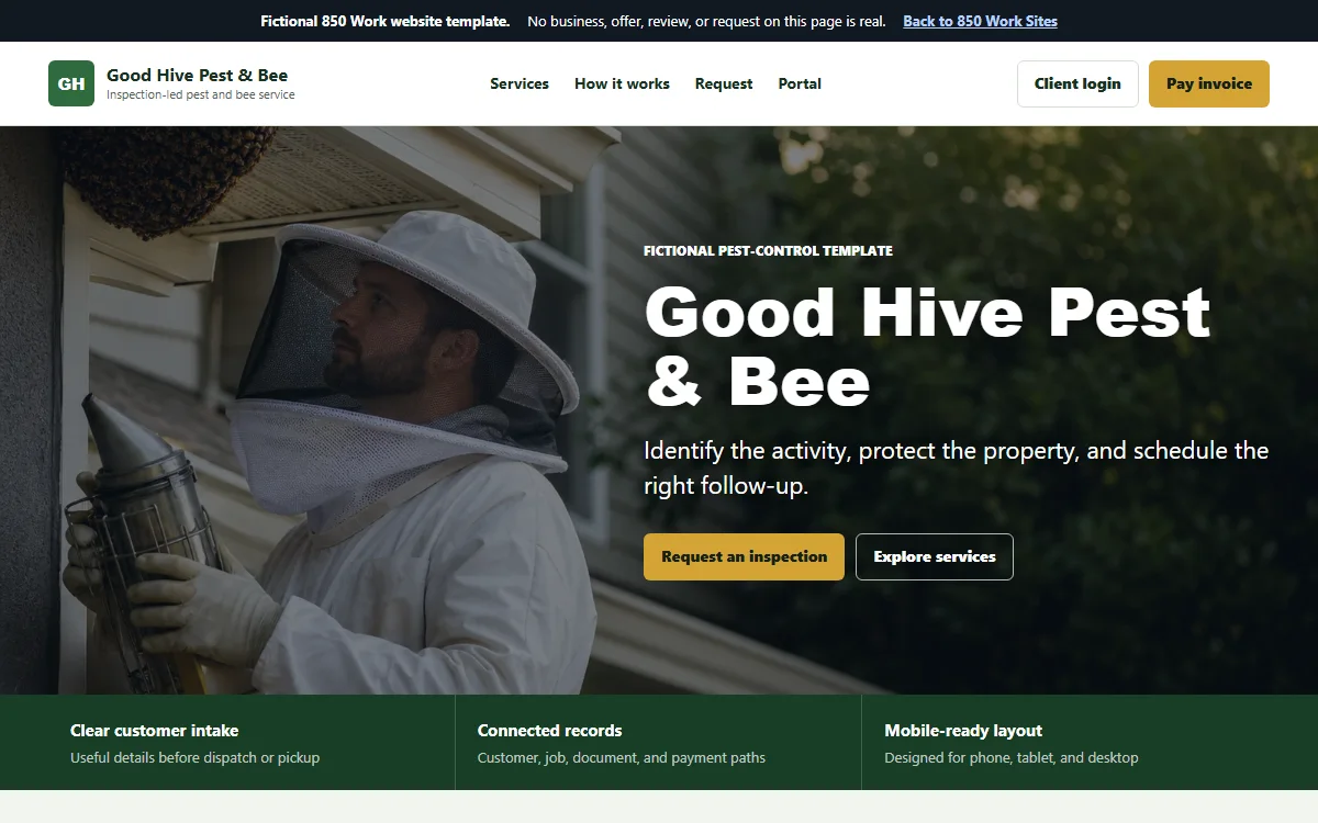 Good Hive Pest and Bee fictional website template with a bee professional inspecting a home