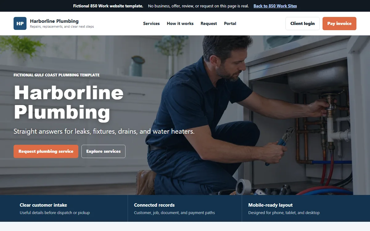 Harborline Plumbing fictional website template with a plumber working beneath a kitchen sink