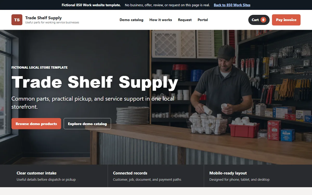 Trade Shelf Supply fictional website template showing a local contractor supply counter